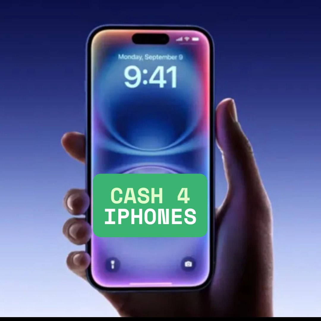 Cash 4 iPhones badge on a smartphone screen, representing an iPhone trade-in for cash in Las Vegas